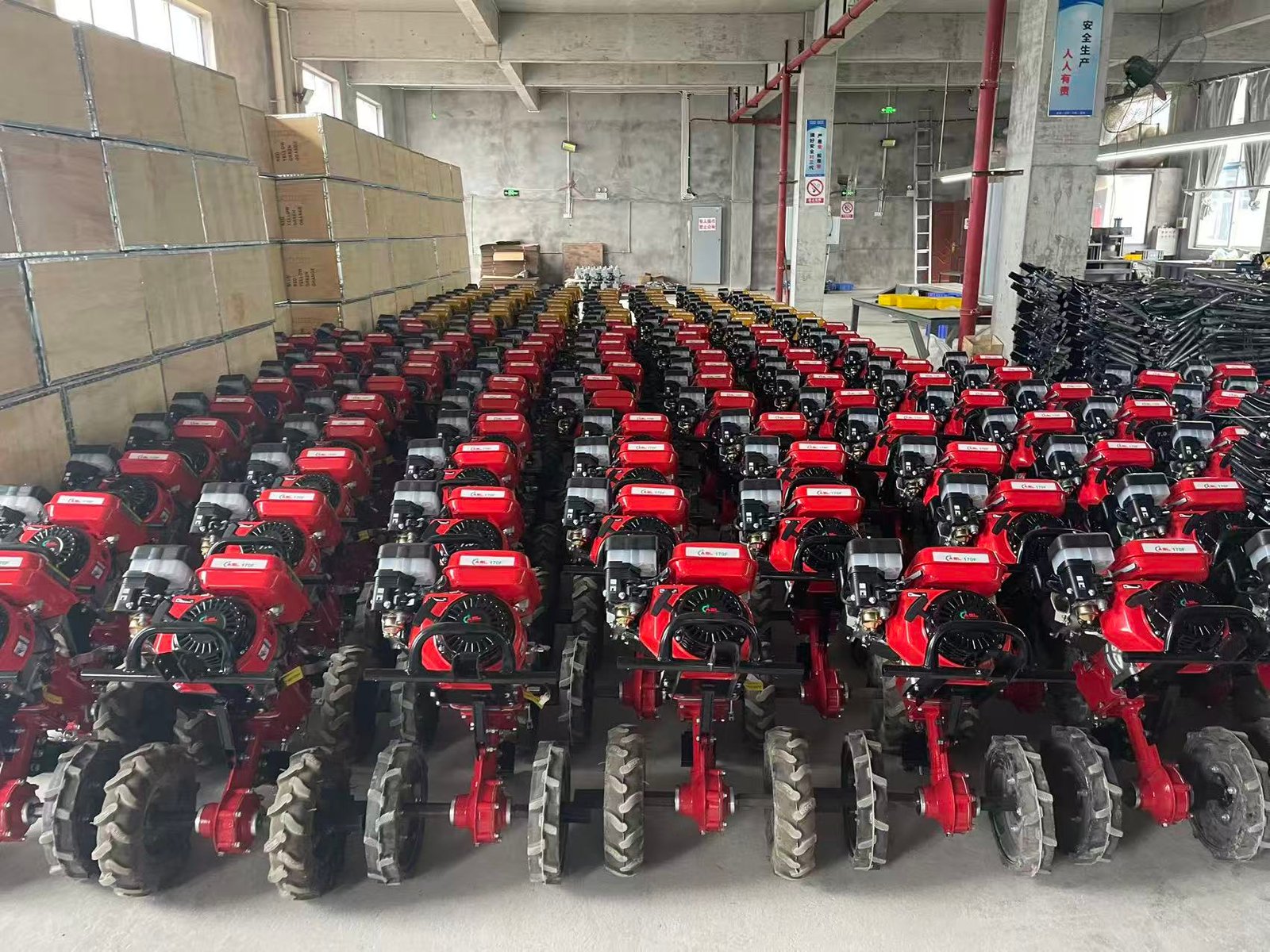 Batch production floor with agricultural machinery